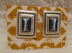 Vintage~Silver Detailed Rectangle~Stud Earrings~Hematite Center~1980's - Picture 1 of 16