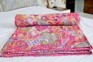 Indian Handmade Vintage Kantha Quilt Cotton Throw Bedspreads Blanket Paisley - Picture 1 of 3