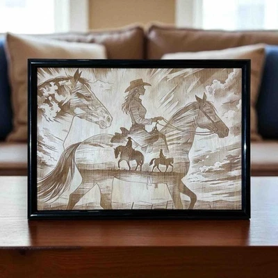 Cowgirl & Horses Wood Engraved Art – Handcrafted in Australia - image 1 of 2