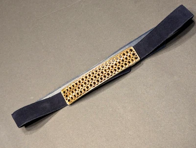 Hebilla de metal retro años 70 tono dorado 7" x 1,5" con cinturón de gamuza azul marino Foto 1 de 4