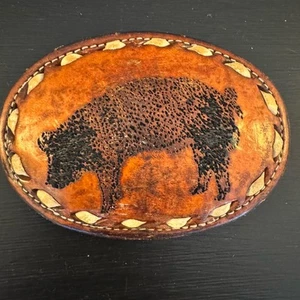 Vintage Tony Lama Tooled Leather Belt Buckle Pig Design Made USA Western Wear - Picture 1 of 7