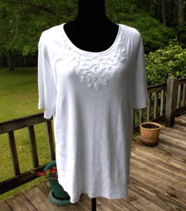 Denim & Company White Short Sleeve Ribbed T-shirt with Battenberg Lace Large - Picture 1 of 4
