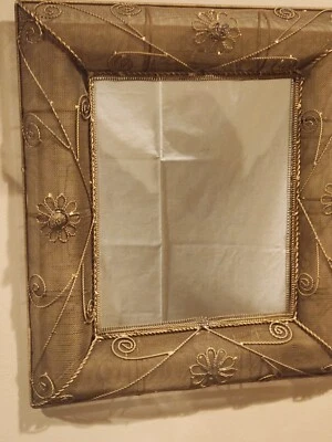 Gilt Metal Wire Mesh Wall Mirror with Floral Decor, 1950s Vintage - Image 1 of 4