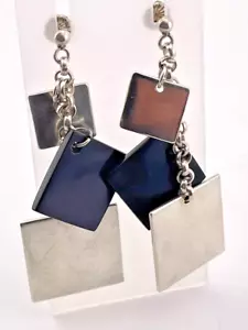 925 STERLING SILVER 3 GRADUATED SQUARES DANGLE EARRINGS 2.75" MODERNIST 27G 4246 - Picture 1 of 5