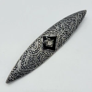 Vintage Art Deco Revival Brosche schwarz Emaille grau Metall Marquise Form - Bild 1 von 7