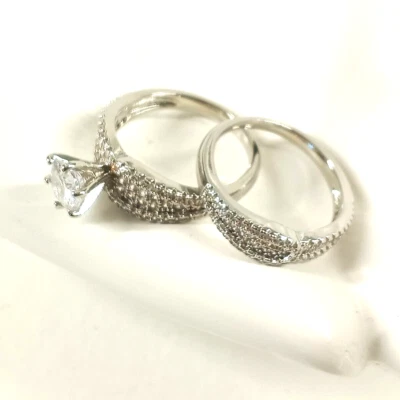 2pcs Women Anniversary Ring Size 9 Prong Crystal  Brass Plated Silver - Image 1 of 4