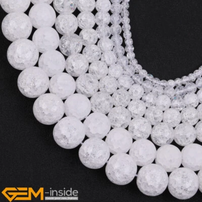 Round White Crackle Rock Quartz Gemstone Loose Beads For Jewellery Making 15" - Image 1 of 4