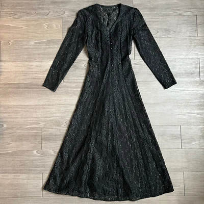 Vtg 90s Black Lace Sheer Witchy Button Front Lace Back Gothic Dress Size S - Image 1 of 4