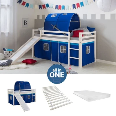 Cadre de Lit d'enfant superposé 90x200 Toboggan Matelas Tunnel Bleu Homestyle4u - Photo 1/4