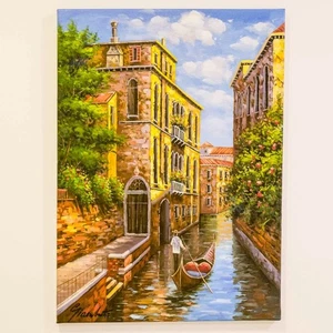 Italienischer Kanal Venedig Gondel Acryl Gemälde auf Leinwand Mid Century bunt - Bild 1 von 2