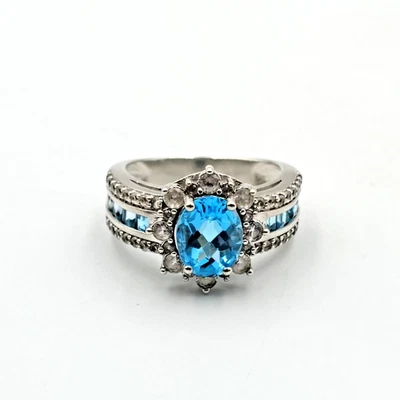 Designer P☆M Sterling Silver 925 Blue & Clear/White Topaz Ring Sz 7 - Image 1 of 4
