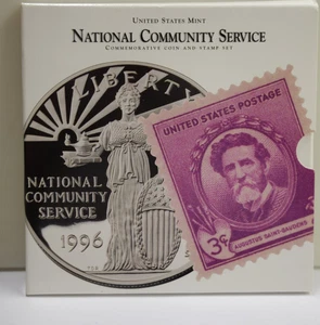 1996 National Community Service Proof Silver Dollar and Stamp Set - Picture 1 of 3