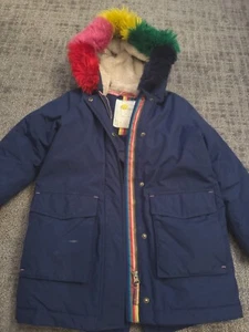 Mädchen Boden wasserdichter Wintermantel marineblau abnehmbarer Regenbogenfellbesatz Größe 7-8Y - Bild 1 von 14