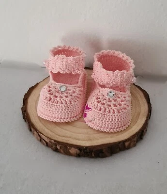 Scarpine bebè  rosa chiaro,, cotone,regalo baby, fatte a mano, cerimonia - Immagine 1 di 2