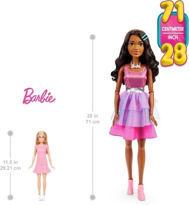 MATTEL Barbie - Bambola Grande con Capelli Neri, Alta 71 cm con Abito Rosa Scintillante
