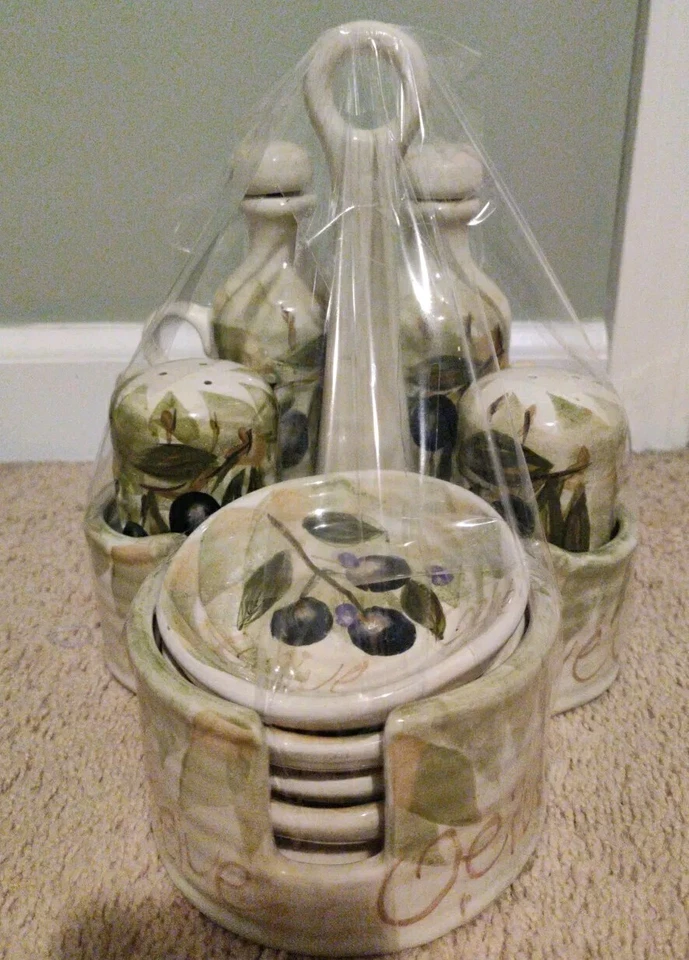 Tabletops unlimited olive grove 9pc cruet set ceramics hand painted - Image 1 of 4