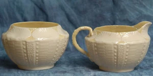 Belleek 1st green Mark Stamp Sea Shell Ivory/Yellow Creamer & Sugar Bowl - Picture 1 of 7