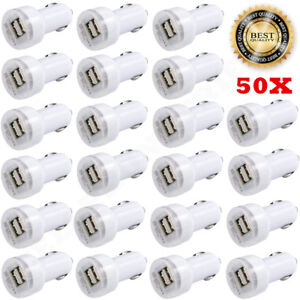 LOT 50 Dual USB 2 Port Car Charger 2.1A WHITE Power Adapter For apple Samsung LG