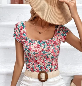 NWT Women's SHEIN VCay Round Neck Floral Print Top XL Cap Sleeve Tan/Green/Mauve - Picture 1 of 9