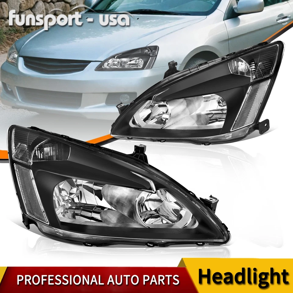 HEADLIGHTS FOR 2003-2007 HONDA ACCORD 2/4 DOOR BLACK HOUSING CLEAR CORNER LAMPS - Image 1 of 4