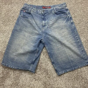 Vintage Mecca Jean Shorts Mens 39 Blue Long Skate Y2K Baggy Loose Embroidered - Picture 1 of 13