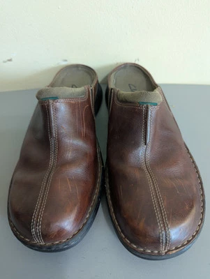 Clarks 女式 10.5M 码棕色皮革穆勒鞋,一脚蹬。 — 第 1/4 张图片