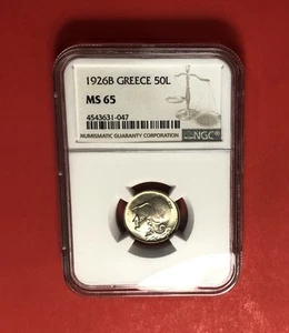 GREECE-1926-B -UNCIRCULATED 50 LEPTA COIN,GRADED BY NGC MS65. - Picture 1 of 4