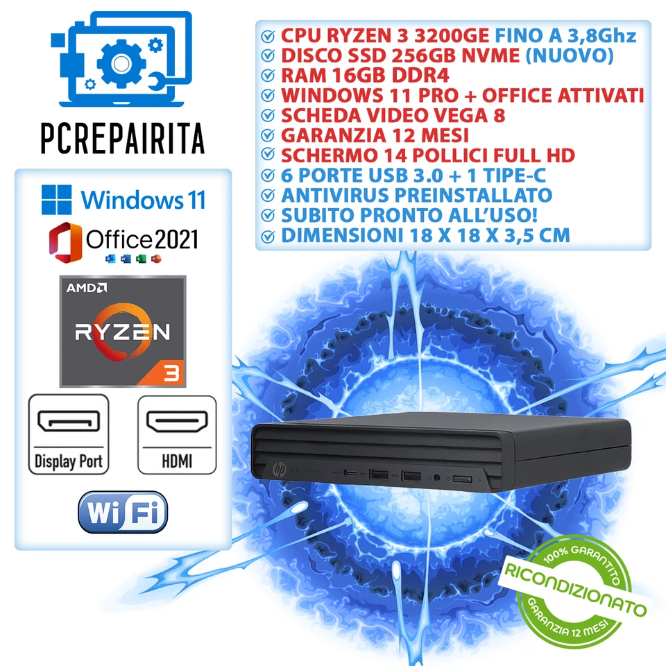 HP MINI PC COMPUTER DESKTOP FISSO RYZEN 3 16GB RAM 256 SSD WIN 11 RICONDIZIONATO - Immagine 1 di 4