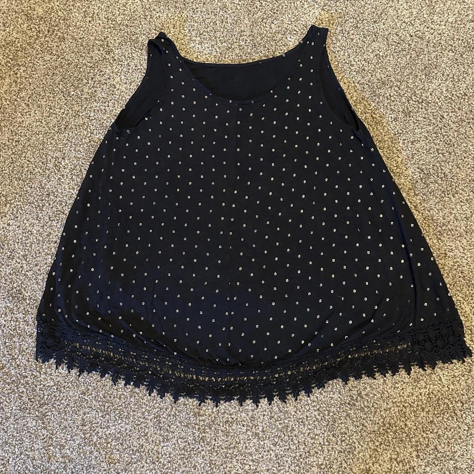 Women’s Cover Up Swim Dress. A.N.A. 1X Black With Gold Design Lace Fringe Hem - Image 1 of 3