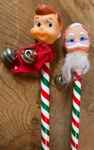 2 Striped Pencils Santa & Elf Heads Vintage 1960s Christmas Yuletide Enterprises - Picture 1 of 15