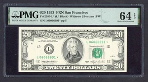 1993 $20 Twenty Fr#2080-L* FRN Star Note FW San Francisco PMG 64 EPQ #L06066691* - Picture 1 of 2