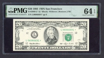 1993 $20 Twenty Fr#2080-L* FRN Star Note FW San Francisco PMG 64 EPQ #L06066691* - Image 1 of 2