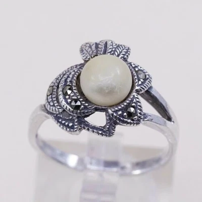 Sz 7.25, Vtg Sterling Silver Handmade Ring, 925 Silver W/ Faux pearl N Marcasite - Image 1 of 4