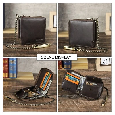 Contacts Men RFID Genuine Leather Wallet Coins Card Holder With Anti-Theft Chain - Image 1 of 4