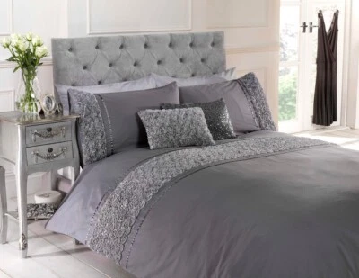 RAPPORT Limoges Ruffle Rose Ribon Embellished Duvet Quilt Cover Bedding Set Grey