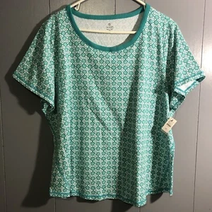 T By Talbots Women’s Geometric Women’s Blouse Size 2X Short Sleeve Spandex Green - Picture 1 of 7