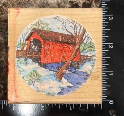 Vintage Stampendous! Sello de goma grabado de Navidad puente cubierto Q048 Foto 1 de 4