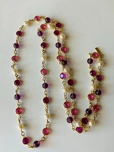 Vintage Swarovski faux pearl purple bead bezel faceted pink crystals Necklace30" - Picture 1 of 4