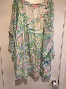 Lilly Pulitzer White Multicolored Marietta Kaftan Mini Dress Bell Sleeve Sz L - Picture 1 of 12