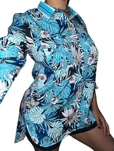 Tommy Hilfiger Blue Tropical Floral Resort Button Up Collared Shirt Women Sz M - Picture 1 of 3
