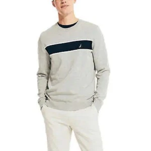 Nautica Men’s Striped Crew Neck Knit Sweater Grey Heather, XXL - Picture 1 of 3