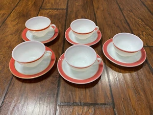 Vtg Pyrex Milkglass Coral Striped Coffee Cups & Saucers Set of 5 - Picture 1 of 20