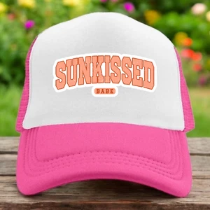 Summer trucker hat womens O/S pink snapback floral spellout beach sunkissed babe - Picture 1 of 3