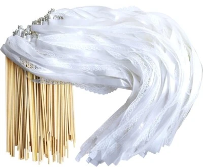 Kingsnow 100 Pieces Lace Wedding Ribbon Wands with Triple Ribbon and Silver Bell - Image 1 of 3