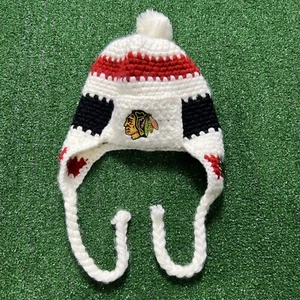Chicago Blackhawks Flag Old Time Hockey Pom Knit Flap Toque Beanie White Red - Picture 1 of 10