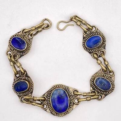 复古阿富汗工匠 Lapis Lazuli 手镯羊驼银链 - 7 1/2 — 第 1/4 张图片
