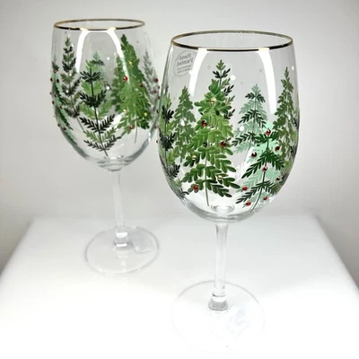 Juego de 2 copas de vino de árbol de Navidad estrás borde dorado bar de cócteles de vacaciones Foto 1 de 4