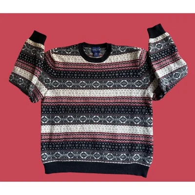 VTG Club Room by Charter Club L Big Fair Isle Knit Wool Sweater Mens Navy Red - Image 1 of 4