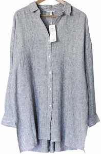 Eileen Fisher NWT Striped Organic Linen Crinkle OVERSIZED Shirt Tunic SP $198 - Picture 1 of 9