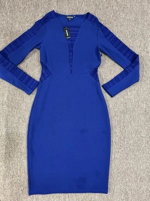 655 NWT Express Women's Size 10 Blue Bodycon Long Sleeve Dress w/ Mesh Accents - Image 1 of 4